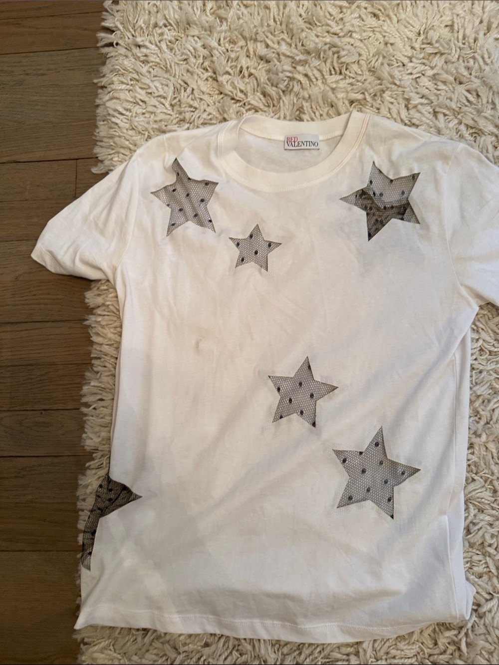Valentino White Tee with Black Mesh Star Appliqués